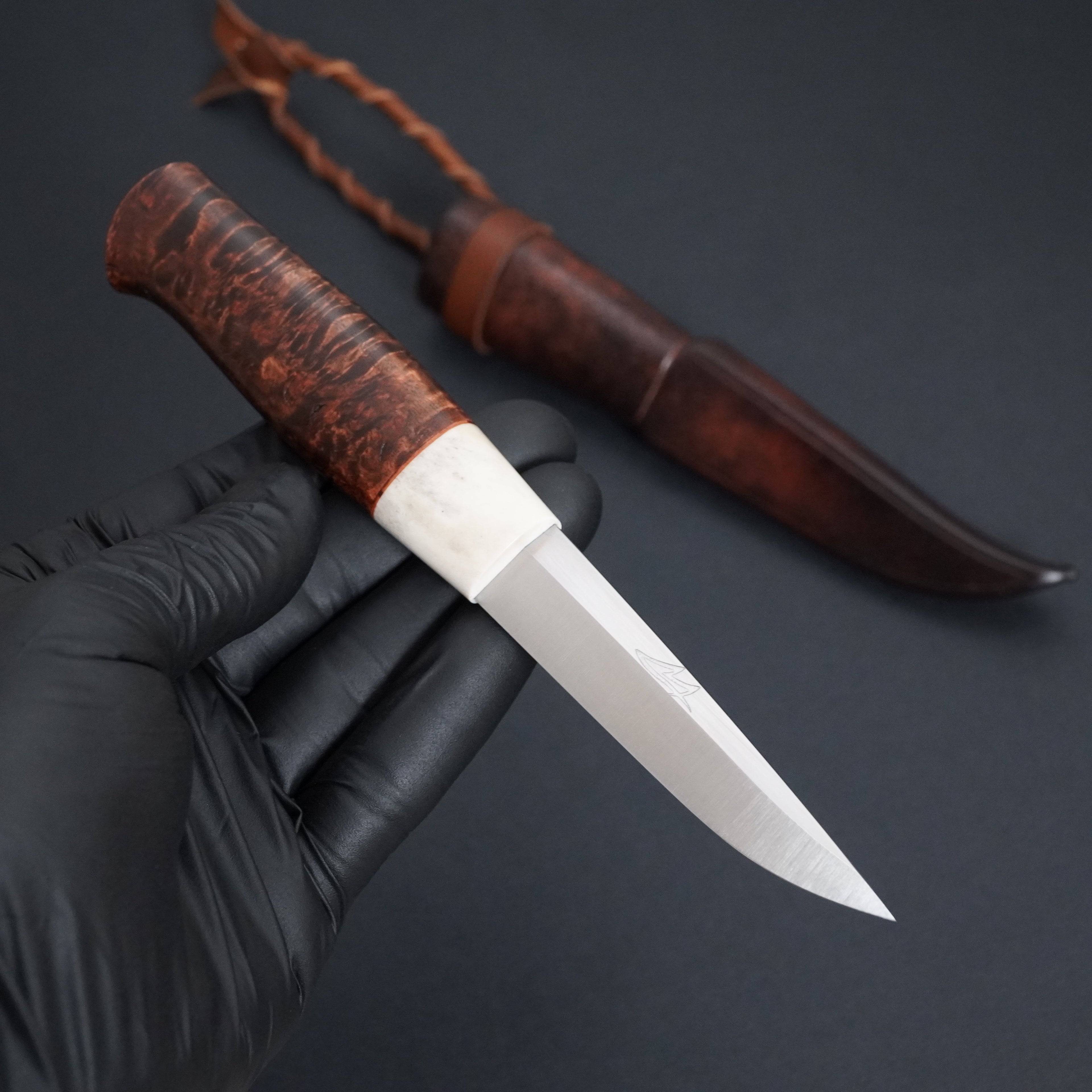 Magnacut puukko, moose antler/curly birch